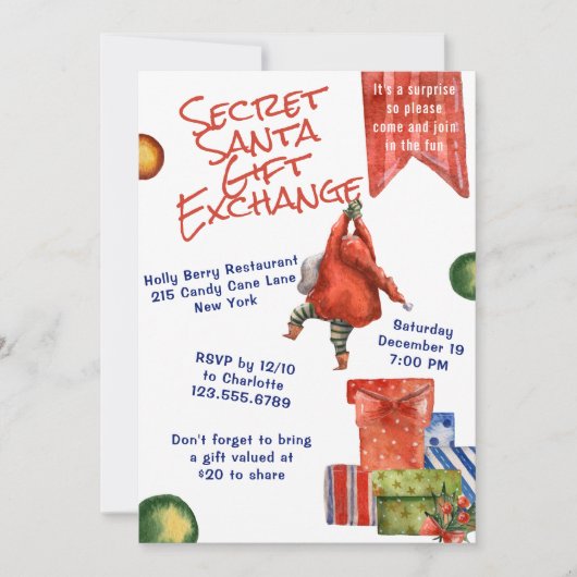 Secret Santa Kerstmis Party Moderne Waterverf Kaart (Voorkant)
