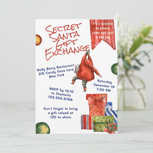 Secret Santa Kerstmis Party Moderne Waterverf Kaart (Staand voorkant)