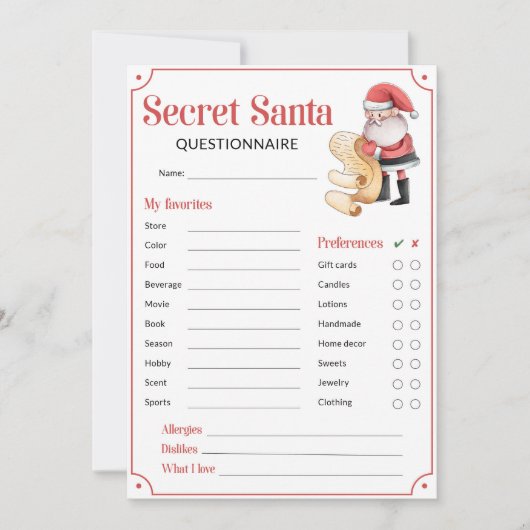 Secret Santa Questionnaire voor Gift Exchange Kaar (Voorkant)