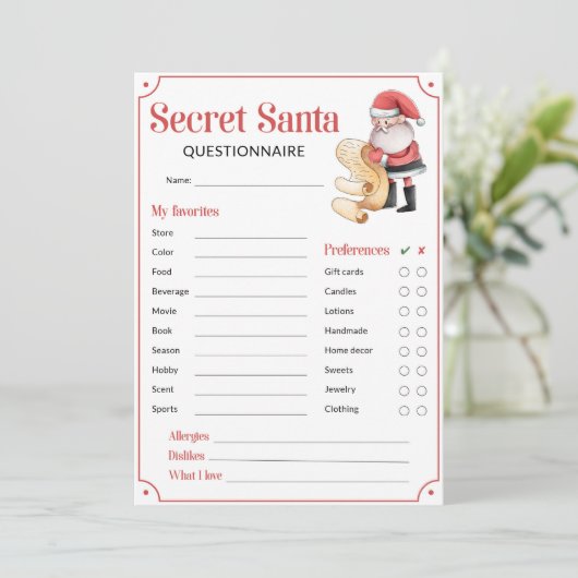 Secret Santa Questionnaire voor Gift Exchange Kaar (Staand voorkant)