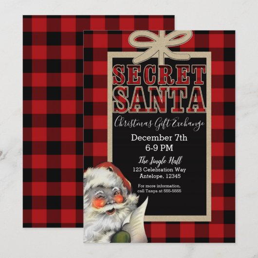  Secret Santa Red Plaid Kerstvakantie Kaart (Voorkant / Achterkant)
