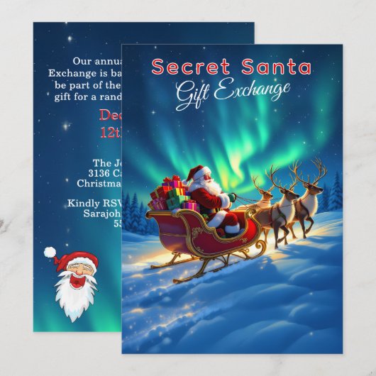 Secret Santa Sleigh & Northern Lights 5x7 Party Kaart (Voorkant / Achterkant)