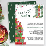 Secret Santa Stockings and Cadeaus Holiday Kaart<br><div class="desc">Geheime kerstcadebeurs met cadeaubonte cadeaus, kerstkousen en snaarlampen. De sjabloon is ingesteld om u aan te passen aan uw eigen regels en instructies. Het ontwerp van de waterverf met handgeschreven titel en een feestelijk kleurenpalet van rood en groen. Blader door mijn Gift Exchange Party-collectie voor alternatieven zoals favoriete dingen, witte...</div>