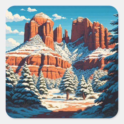 Sedona Arizona Reizen Red Rocks sneeuw Vierkante Sticker (Voorkant)