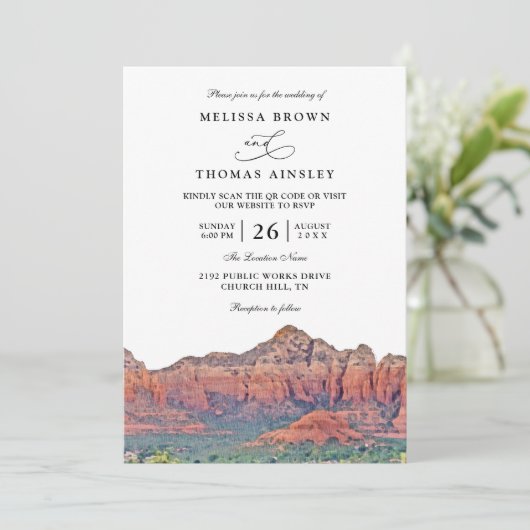 SEDONA Destination Skyline Boho QR Code Wedding Kaart (Staand voorkant)