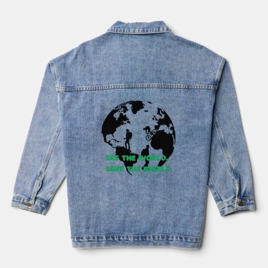 See the World Save the World Cycling Hiking  Denim Jacket (Achterkant)