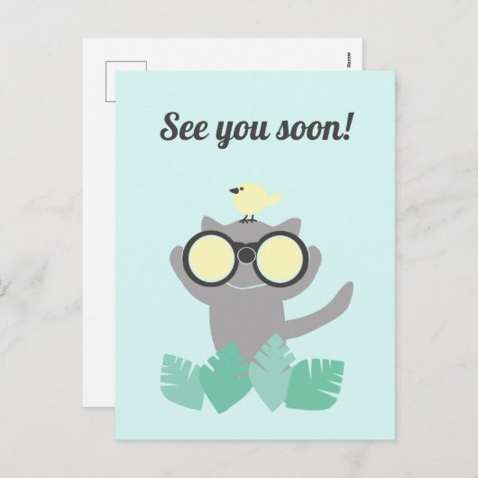 See You Soon Herinnering Briefkaart met kat en vog (Voorkant / Achterkant)