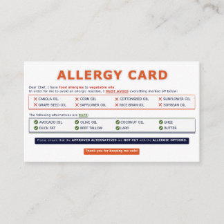 Seed Oil Allergy Card Visitekaartje