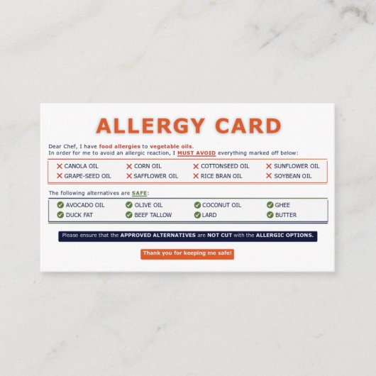 Seed Oil Allergy Card Visitekaartje (Voorkant)