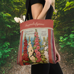 Seed Packet Red 1902 Hollyhocks Monogram Tote Bag