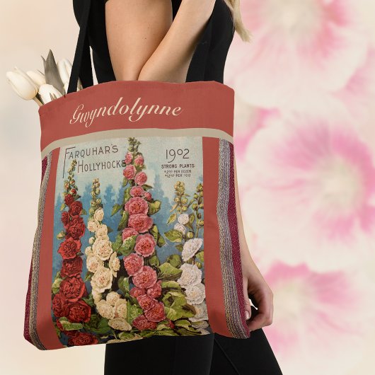 Seed Packet Red 1902 Hollyhocks  Monogram Tote Bag