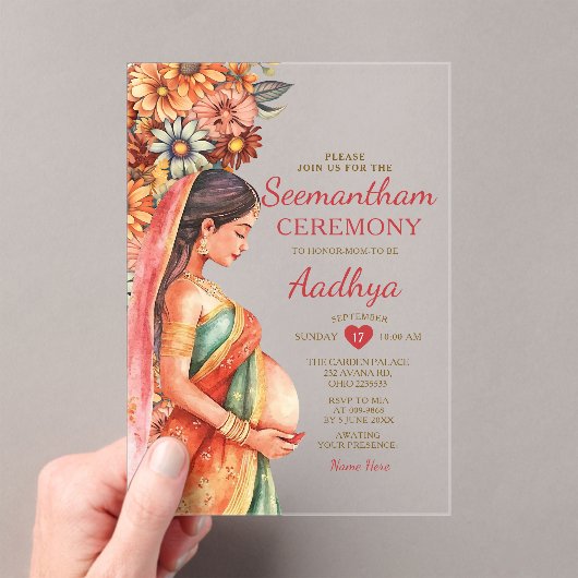 Seemantham Indian Baby shower Valaikappu Moeder Acryl Uitnodigingen (Insitu (Draagbaar))