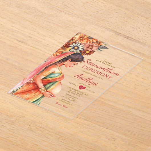 Seemantham Indian Baby shower Valaikappu Moeder Acryl Uitnodigingen (Laagn)