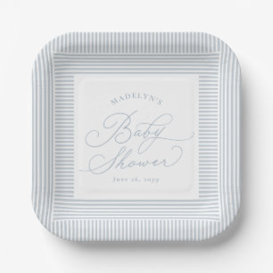 Seersucker blauw wit gestreepte preppy baby shower papieren bordje