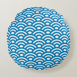 Seigaiha, Golven, Japans, Blauw en Wit Rond Kussen