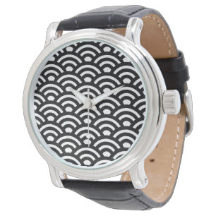 Seigaiha, Golven, Japans, Zwart en Wit Horloge