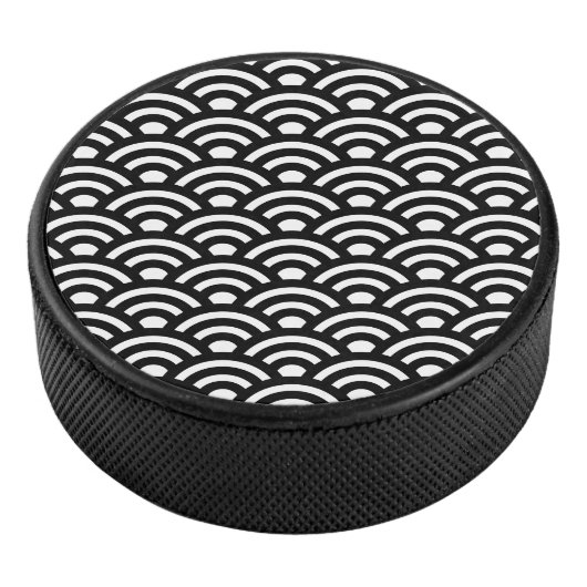 Seigaiha, Waves, Japanese, Black and White Hockey Puck (3/4)