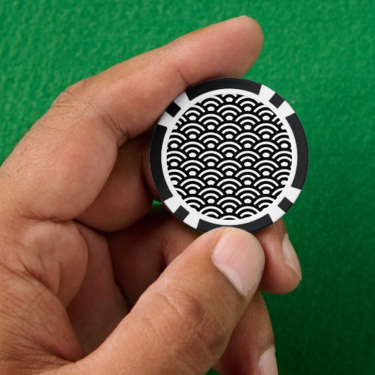 Seigaiha, Waves, Japanese, Black and White Poker Chips (Hand)