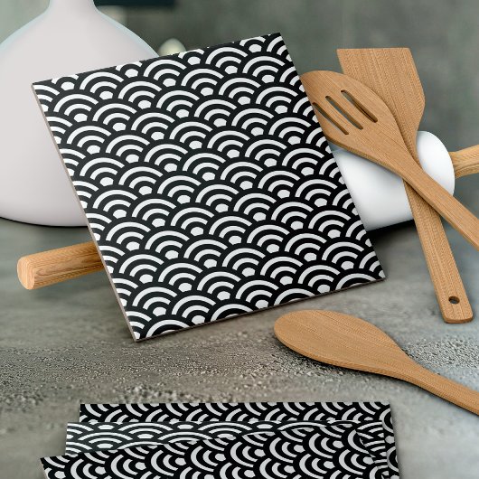 Seigaiha, Waves, Japanese, Black and White Tegeltje