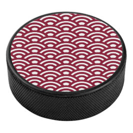 Seigaiha, Waves, Japanese, Burgundy and White Hockey Puck