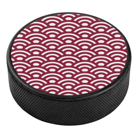 Seigaiha, Waves, Japanese, Burgundy and White Hockey Puck (3/4)