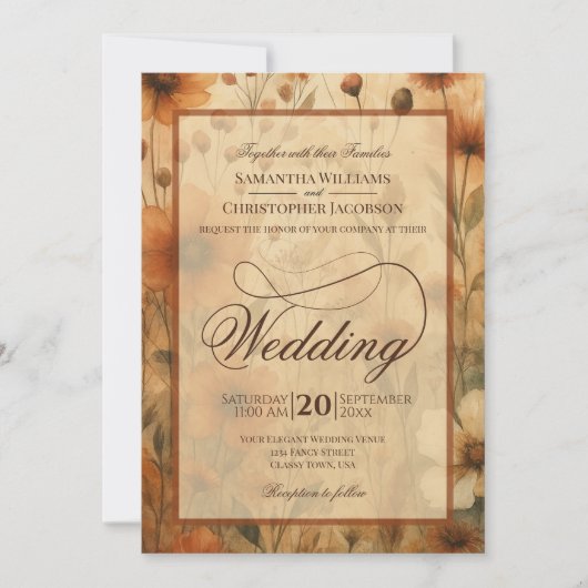 Seinna Boho Wildflowers Fancy Script Wedding Kaart (Voorkant)