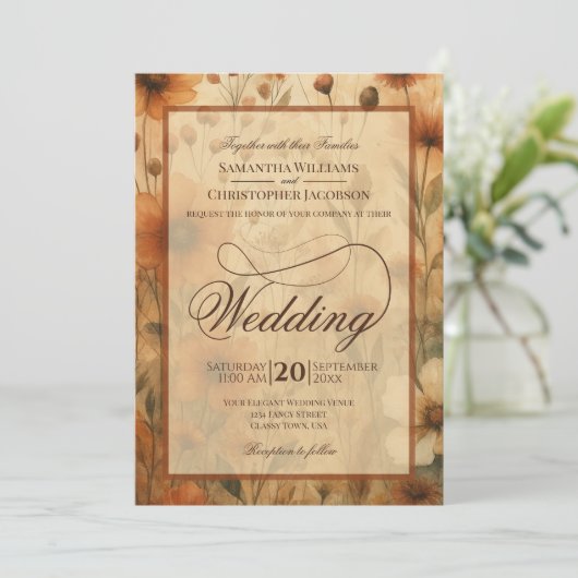 Seinna Boho Wildflowers Fancy Script Wedding Kaart (Staand voorkant)