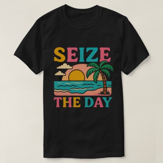 SEIZE THE DAY Glitter Typography Tropical Sunset T-shirt (Design voorkant)