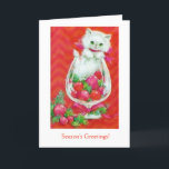 - Seizoen Groeten aan een vriend, Feestdagen Kaart<br><div class="desc">Een vintage kerstkaart afbeelding in kleuren van hot roze en sinaasappel beschikt over een schattig wit kitten zitten in een grote glazen beker-vormige kom met een arrangement van kerstversieringen en dennen. Op de voorkant van de kaart staat "Season's Greetings!" en de boodschap aan een vriend in de kaart is: "Het...</div>