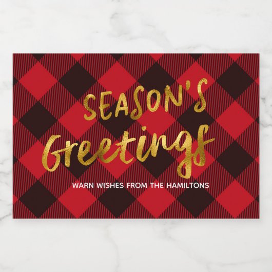 Seizoen Groeten Buffel Rood Plaid en Gouden Folie Voedselcontainer Etiket (Enkel label)