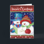 Seizoen Groeten, Carol Singing Snowman & vrouw Feestdagen Kaart<br><div class="desc">Op de Greetings-kaart van dit seizoen zingen een schattige sneeuwman en sneeuwvrouw carol. De ene draagt een rood wollig pet,  terwijl de andere een blauwe hoed draagt. Beiden dragen wollige sjaals en handschoenen. Dit is een vrolijk ontwerp zacht geschilderd in traditionele kerstkleuren.</div>