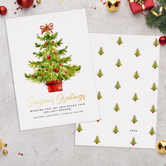 Seizoen Groeten Elegante Waterverf Tree Script Folie Feestdagenkaart