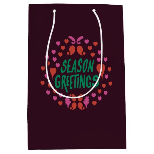 Seizoen groeten in groen handschrift met harten medium cadeauzakje (Voorkant)