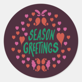 Seizoen groeten in groen handschrift met harten ronde sticker