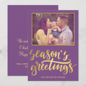 Seizoen groeten paarse violet gouden script foto feestdagenkaart (Voorkant / Achterkant)