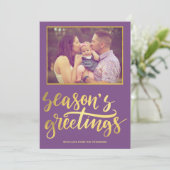 Seizoen groeten paarse violet gouden script foto feestdagenkaart (Staand voorkant)
