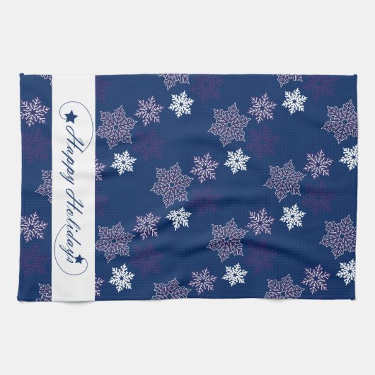 Seizoen Groeten Sneeuwvlokken op Navy Blue Theedoek (Horizontaal)