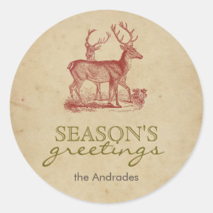 Seizoen Groeten Vintage Kerstmis Herten Rustiek Ronde Sticker