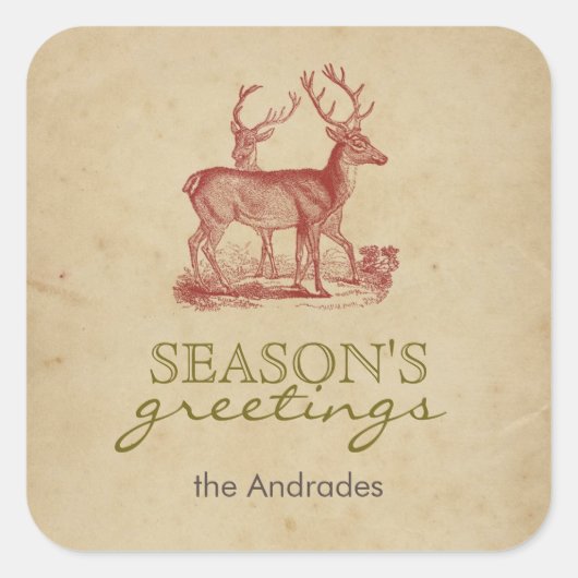 Seizoen Groeten Vintage Kerstmis Herten Rustiek Vierkante Sticker (Voorkant)