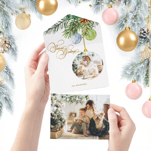 Seizoen Groetjes Pine Christmas Ornament Foto All In One Uitnodiging