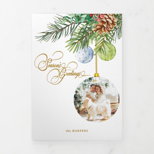 Seizoen Groetjes Pine Christmas Ornament Foto Drieluik Wenskaart (Cover)