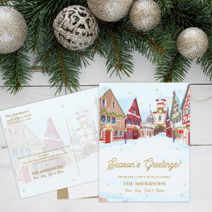 Seizoen Groetjes Snowy Village Familie Kerstmis Briefkaart