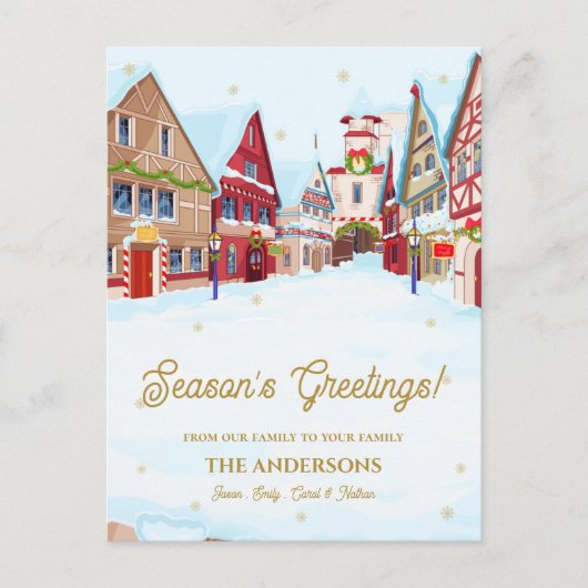 Seizoen Groetjes Snowy Village Familie Kerstmis Briefkaart (Voorkant)