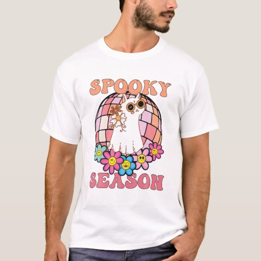 Seizoen Groovy Ghost Cat Retro T-shirt (Voorkant)