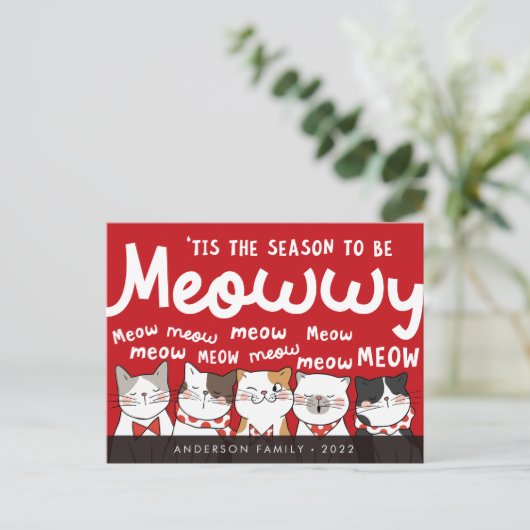 Seizoen is Meowwy Funny Cute Cats Caroling Briefkaart (Staand voorkant)