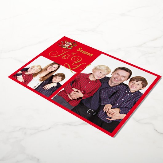 Seizoen van de Joy Familie Foto's met rood Lijst Folie Feestdagenkaart (Gedraaid)