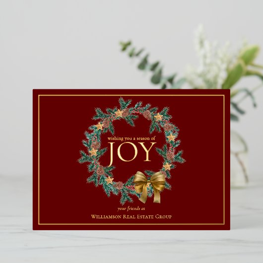 Seizoen van Joy Chrstmas Wreath Business Folie Feestdagenkaart (Staand Voorkant)