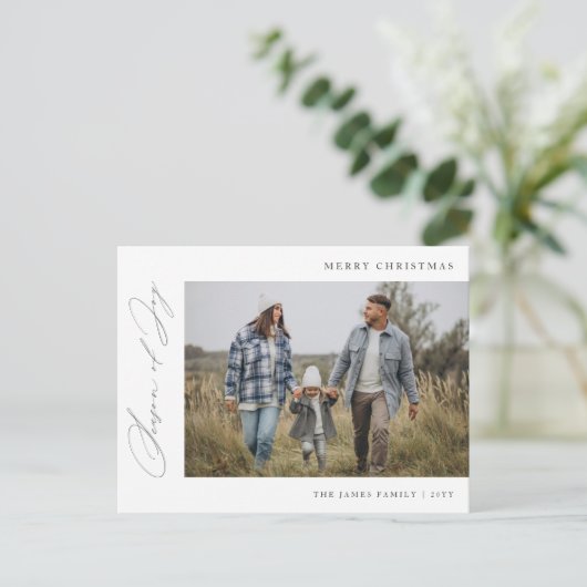 Seizoen van Joy Elegant Green Family Foto Kerstmis Briefkaart (Staand voorkant)