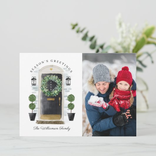 Seizoenen Groet Zwart Waterverf Voordeur Foto Feestdagenkaart (Staand voorkant)