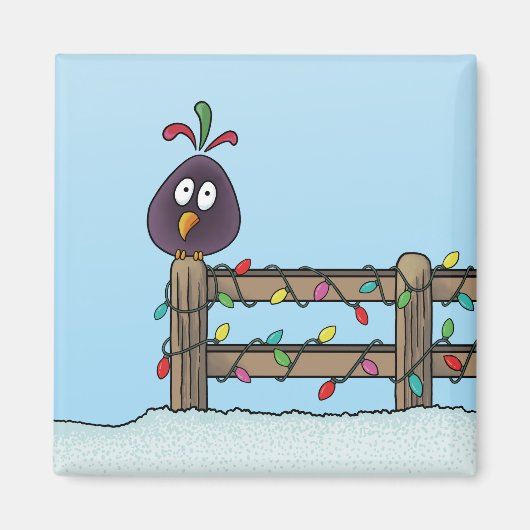Seizoenen Groeten Cartoon Bird op Fence Magneet (Voorkant)